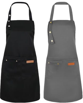 Moliwulong 2 Pack Kitchen Apron for Women, Grey Black Chef Cooking Apron with Pockets and Adjustable Neck Strap, Canvas Waterproof Apron for Hairdressing Gardening Home Kitchen Restaurant