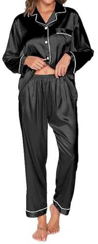 TeJoyce Dam satinpyjamas lång, tvådelad pyjamas kvinnor, set långärmad med knappar och matchande sovbyxor, lyx och elegant sidenpyjamas för natten S–XXL, svart, XL