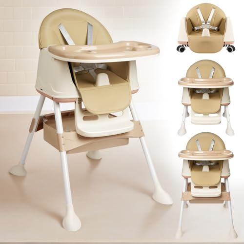 Alpstorm Chaise haute bébé 4-en-1 pliable évolutif - Siège enfant multifonction réglable en hauteur avec plateau amovible, harnais de sécurité 5 points et roulettes - Beige