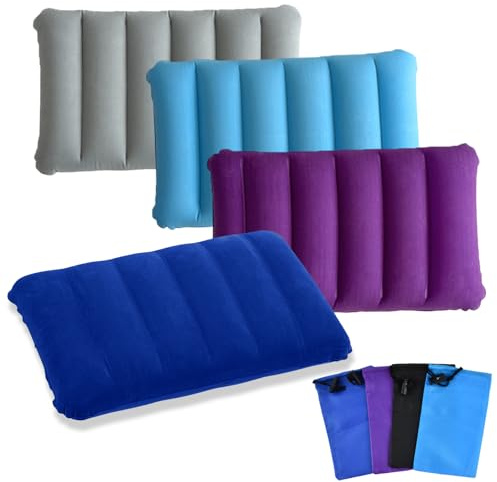 4 Piezas Cojines Inflables para Viajes, Portátil Cómodas Almohadas de Camping, Cojín de Inflables Suaves, Almohadas Hinchables Flocada Playa con 4 Bolsas de Almacenamiento para Oficina y Exterior