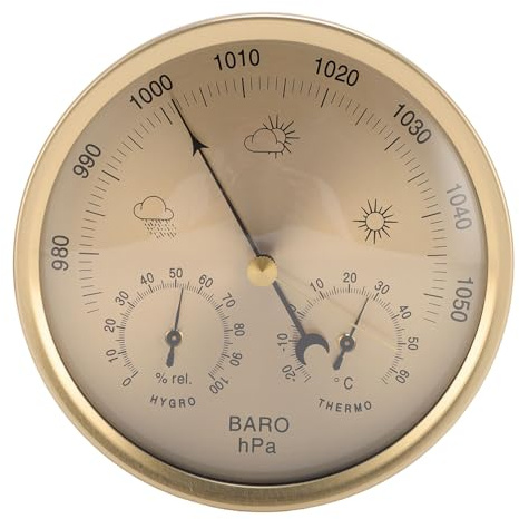 HUSHUI 3 I 1 Vädermätare, Aluminiumlegering Runt Barometer Hygrometer Termometer med Gyllene Urtavla för Inomhus Hemmakontorsträdgård