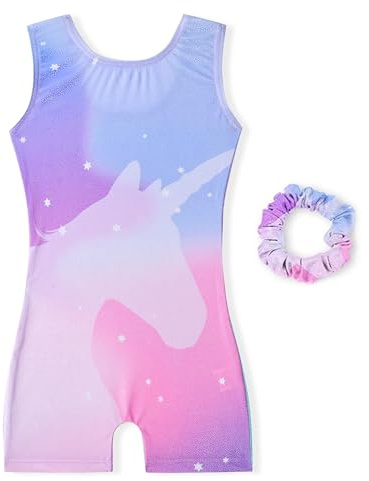 Tstiti Gymnastics Leotards For Girls with Hair Scrunchie Kids Gymnastic Outfit Sparkle Dance Unitards Biketards Pink & Purple Unicorn 3-4 T