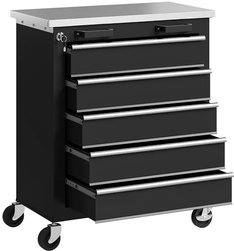 HOMCOM Carro de Herramientas con 5 Cajones y Cerradura, Carro de Taller con Ruedas con Freno, Encimera de Acero Inoxidable, Caja de Herramientas con Conectores Laterales para Garaje, Negro y Plata