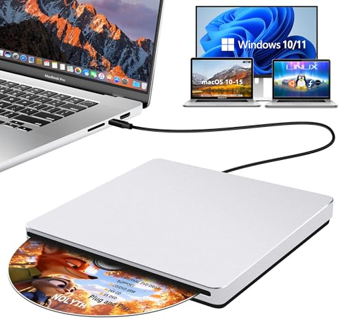 NOLYTH Unidad externa de CD y DVD para laptop: lector portátil USB C de CD/DVD para Mac PC Windows 11 con adaptador USB 3.0 de aleación de aluminio, ranura SuperDrive para Apple