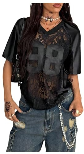 GORGLITTER Women's Y2K Lace Sheer Jersey Tops V Neck Short Sleeve T Shirts
