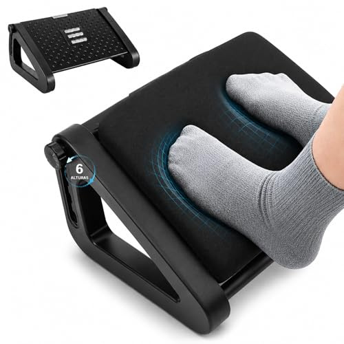 ZYNTRA® Reposapiés ergonómico con cojín viscoelástico y 6 alturas ajustables | Apoya pies oficina ideal para casa, escritorio, sofá y teletrabajo, mejorando postura y confort.