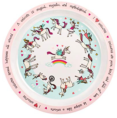 Tyrrell Katz Kids Unicorns Printed Plate in Pink Melamine - Dishwasher Safe Children's Outdoor Dining Everyday Tableware - 21.5 cm Diameter