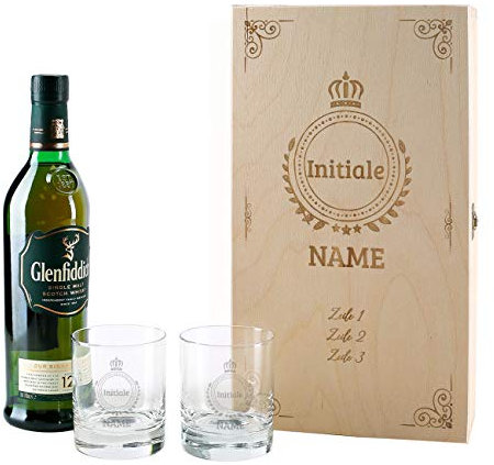 Herz & Heim® Glenfiddich Whisky Geschenkset mit Gratis Gravur 2er Whiskey Gläser in gravierter Holzkiste Monogramm