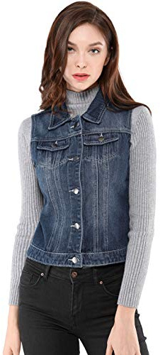 Allegra K kvinnors knappar tvättad denim väst med bröstklafffickor väst jacka