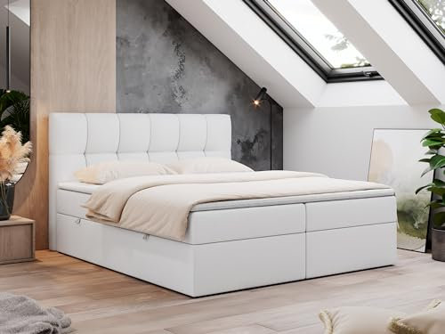 MKS MEBLE Boxspringbett 160x200 mit Bettkasten Weiß Kunstleder, Bett mit Matratze H3 Topper, Polsterbett 160x200 mit Bettkasten Kopfteil, Boxspringbett mit Matratze H3, RICO Weiß Kunstleder