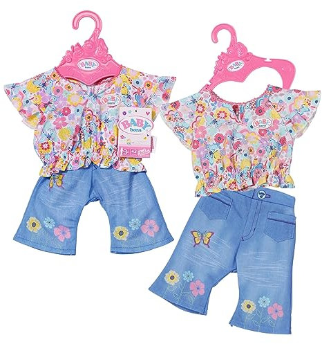 Zapf Creation 832677 BABY born Trend Jeans 43cm - Puppenkleidung Set bestehend aus blauer Jeans, Blümchen-Oberteil und Kleiderbügel