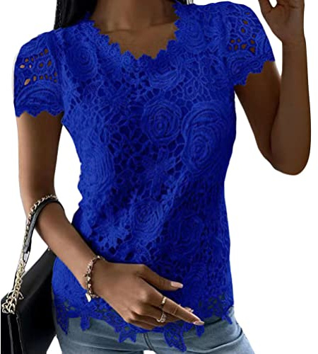 ORANDESIGNE Blusa Donna Camicia Camicetta Magliette Pizzo Manica Corta Camicie T Shirt Tops Camicia Estiva Camicia Elegante in Pizzo T-Shirt a Maniche Lunga Maglietta Informale AB Blu XS