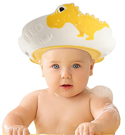 FUNUPUP Gorro de Ducha para Niños y Bebés, Sombrero de Baño Ajustable con Visera Impermeable, Protege Ojos y Orejas (Amarillo)