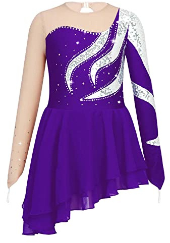 ranrann Enfant Fille Robe Patinage Artistique Asymétrique Strass Brillant Justaucorps Gymnastique Danse Costume Spectacle 5-16 Ans Violet 11-12 Ans