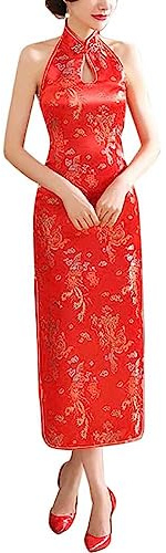 Women's Halterneck Sleeveless Chinese Cheongsam Mandarin Collar Side Split Long Qipao Party Dress Outfit, Dragon Red, L