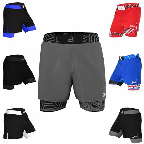 2BOLD MMA Shorts Men’s BJJ, Grappling, JIU-Jitsu, NO-GI Cross Training, Built in Compression Running Shorts (US, Alpha, Medium, Regular, Regular, Grey-Inner)