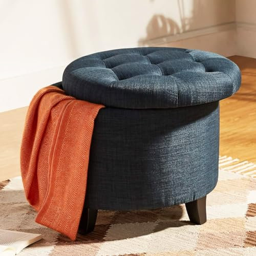 BAKAJI Pouf Contenitore Poggiapiedi in Legno con Scomparto Interno, Baule Portaoggetti con Seduta Imbottita, Sgabello Rotondo 51 x 51 x 43 cm Arredamento per Soggiorno, Cameretta (Blu Lino)