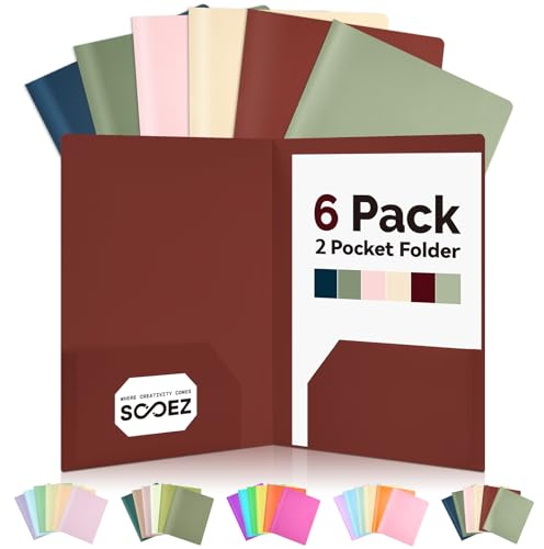 Sooez 6Pack Folders with Pockets, Pocket Folders with Extra Labels, Plastic Folders with Pockets, 2 Pocket Folders Bulk, Heavy Duty File Folders, School Folders Business Folder Office Filing Supplies