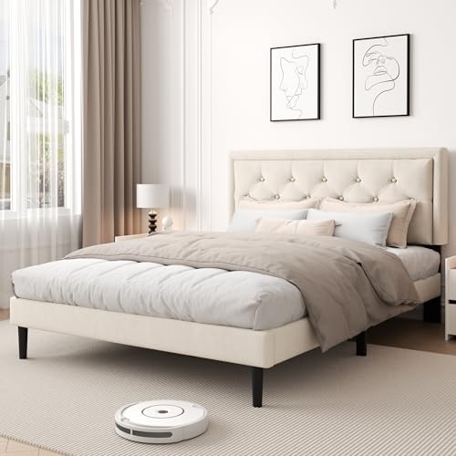 CXVX Queen Size Platform Bed Frame with Upholstered Velvet Button Tufted Headboard, Mattress Foundation with Wooden Slat Support, No Box Spring Needed, Easy Assembly, Noise Free, Beige