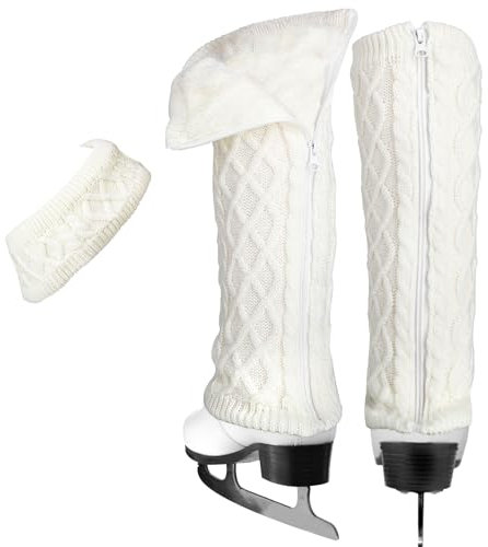 Beinwärmer und Stirnband Set für Eiskunstlauf Hockey Schlittschuhlaufen Eislaufen,Warm stricken Winter Fleece Gefüttert Beinwärmer und Stirnband für Ballett Dance.Ice Skating Zubehör (Weiß, Lang)