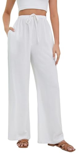 Stamain Womens Linen Trousers Summer Baggy Wide Leg Pants Ladies Elastic Waist Light Weight Trousers for Women with Pockets Loose Fit