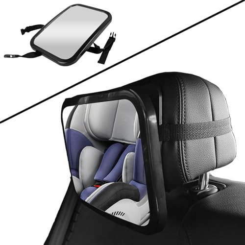 CINY Espejo de coche fijo para bebé, Espejo Coche Bebe Asiento Trasero, Seguridad, Espejo de Coche Giratorio de 360°, imprescindible para recién nacidos, Correas dobles(Negro)
