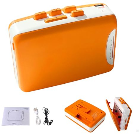 Portable Stereo Cassette Player, Retro Tape Machine, Multi-function Radio Recorder, Equipped with Headphones(Orange)