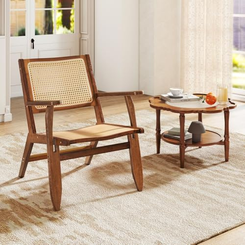RELAX4LIFE Fauteuil de Salon en Rotin Vintage avec Accoudoirs | Chaise de Relaxation Scandinave en Bois, Style Milieu du Siècle pour Salon Chambre à Coucher, Noyer