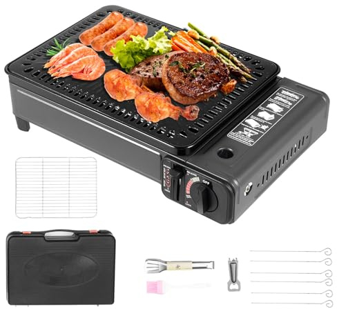 Gasgrill, Tragbarer Camping Gaskocher mit Grillnetz, Backblech und Transportkoffer,Campingkocher BBQ-Grill für Outdoor-Kochen,inkl. Pinsel & Lebensmittelklammer & Rahmen & Ölwanne