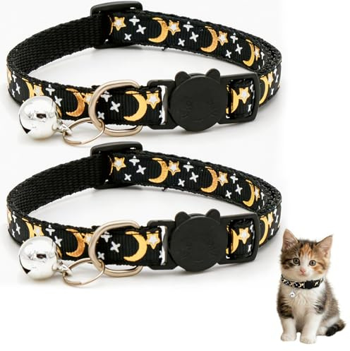 Reflective Adjustable Cat Collar with Bell, Moon Star Print Kitten Collar with Safety Breakaway Buckle, Cute Cat Collar for Cats Kittens, Multiple Colors Available (2 Pack)