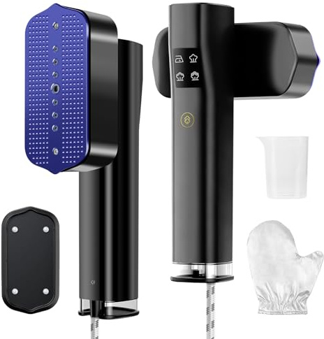 Ferro da stiro verticale 2‑in‑1, 1200 W portatile – Ferro da stiro da viaggio con schermo LED, riscaldamento 15 s, 3 vapore, viola