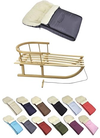 BAMBINIWELT Kombi-Angebot Holz-Schlitten mit Rückenlehne & Zugseil + universaler Winterfußsack (90cm), auch geeignet für Babyschale, Kinderwagen, Buggy, aus Wolle Uni (Dunkelgrau)