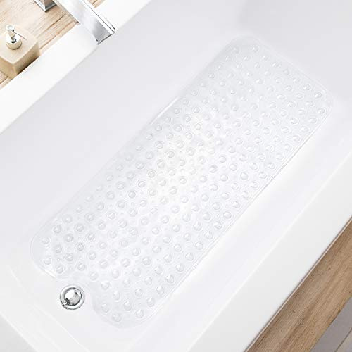 TEESHLY Bathtub Mats for Shower Tub Extra Long Non-Slip Bath Mat, Shower Mat with Drain Holes and Suction Cups, Bath Tub Mat for Bathroom with Machine Washable (Clear)
