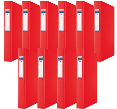 DONAU 3734001PL-04 Ringbuch Rot | 2-D-Ring-Mechanik 25mm DIN A4 Ringordner Pappe/ Kunststoff | Aus 1,9 mm dickem Karton mit öko PP 100µ | 10er Packung