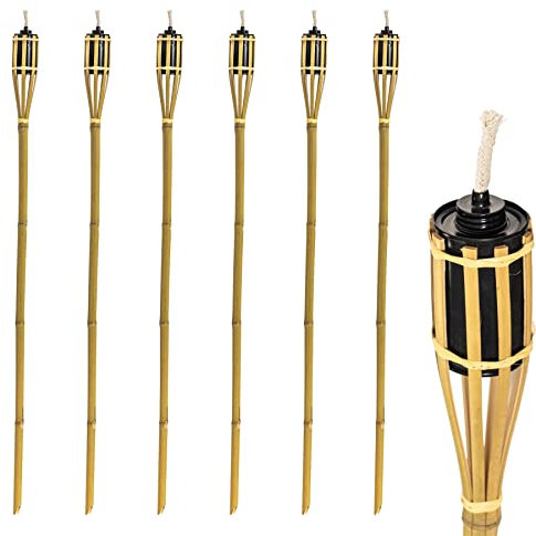 Harbour Housewares Bamboo Garden Torches - Huile Traditionnelle Tiki Paraffine Lanterne feu - 114cm - Naturel - Lot de 6