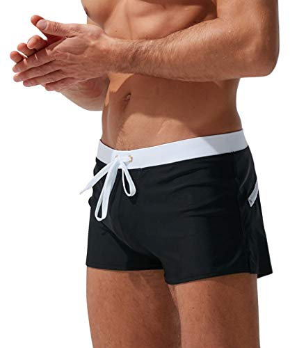 Xmiral Badehose Herren Verstellbarem Kordelzug Elastisch Taille Boxer Strandhosen Schnelltrocknend Plus Größe mit Tasche(y Schwarz,L)
