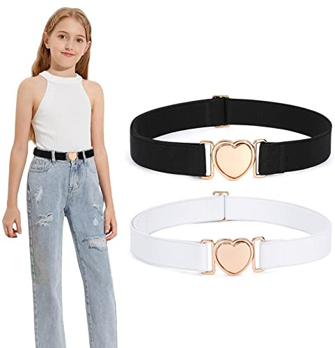 WERFORU 2 Pack Girls Elastic Belts Kids Stretch Belts Fashion Cute Adjustable Heart Belt Black/White