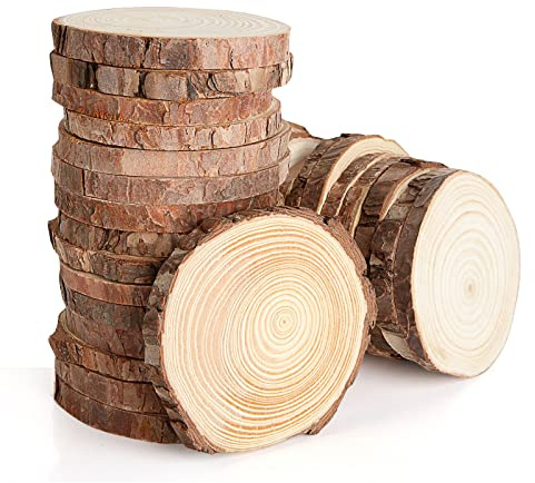 YOUNTHYE 30PCS Unfinished Natural Wood Slices, 9-10cm Log Slices Wooden Circles with Bark, Craft Wood Slices for Wedding Decorations Christmas Ornaments