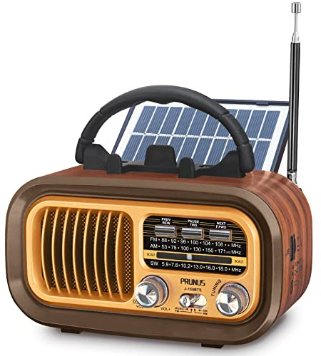 PRUNUS J-150 Portable Radio AM FM SW Bluetooth Speaker, Gifts for Dad and Mom, Retro Radios Vintage Transistor with Best Sound, Solar/D Battery Operated/USB Charging, TWS, Support TF Card/USB Playing