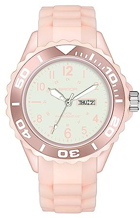 FORSINING Analoge Quarz-Armbanduhr für Damen, Silikonarmband, wasserdicht, Datumsanzeige, 24-Stunden-Uhr, mit Sekundenzeiger, Rosa, Riemen