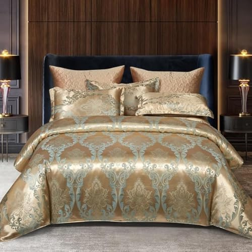 DXHOME Ropa de cama de 200 x 200 cm, color dorado, beige, seda, satén, romántico, estilo barroco, reversible, juego de 3 piezas, funda nórdica con cremallera y 2 fundas de almohada de 80 x 80 cm