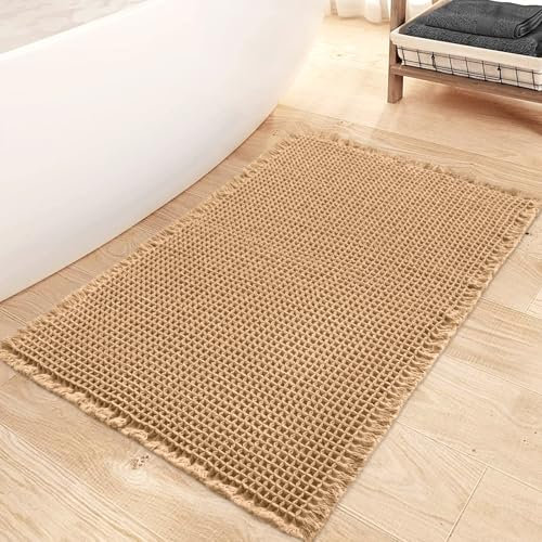 Mavicen Waffle Badteppich, 43 * 61cm Superabsorbierende Badematte rutschfest, Maschinenwaschbare Bequeme Badezimmerteppich mit Quasten, Stilvolle Badematte Boho für Badezimmerboden (Braun)