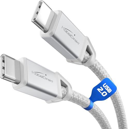 KabelDirekt – Câble USB-C pour Chargement Rapide, Connecteurs Métalliques + Tressage en Nylon, USB 2.0 – 1m (Charge les Téléphones/Ordinateurs Portables avec 60W, Câble de Charge/Données, Blanc)