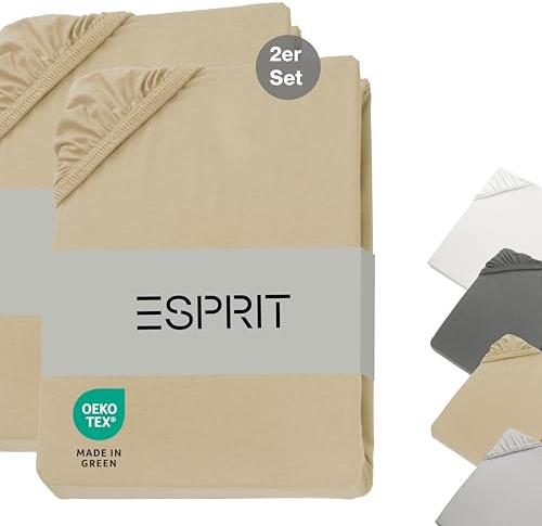 Esprit Sábana Bajera de Jersey 140x200cm Pack de 2 hasta 160x200cm Frottee - Sábana 160 x 200 Algodón beige - Sábana Bajera de Lujo para Boxspring hasta 30 cm de Altura de Colchón - Sábana de Cama