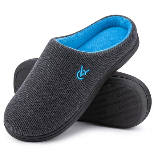 VeraCosy Women's Two-Tone Slippers Soft Comfy Knit Memory Foam Non-slip Indoor Outdoor House Shoes Charcoal Cobalt, 9-10 US
