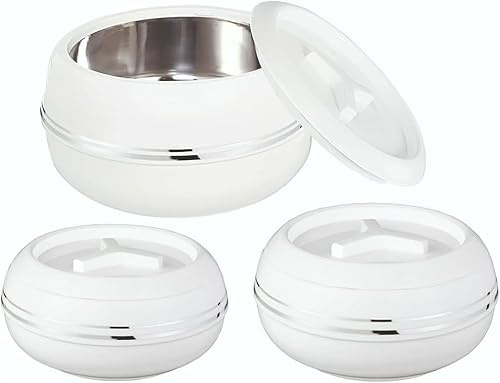 (Set of 3) Large Casserole Dishes with Airtight Lockable Lid | BPA-Free Stainless Steel Inner Insulated Thermal Food Warmer Serving Containers for Home Kitchen - Round, White (2500, 3200, 5500ml)