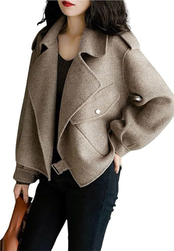 Cabans et manteaux en laine courts pour femmes, manteau court en laine pour l'automne, veste de style blazer décontractée, manteaux avec revers en laine, marron, M