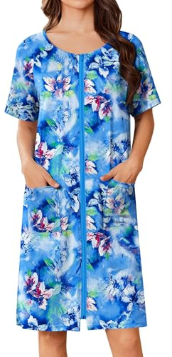 Ekouaer Bata corta con cremallera para mujer, bata de baño ligera con estampado floral, vestido de casa con bolsillos, camisón S-3XL