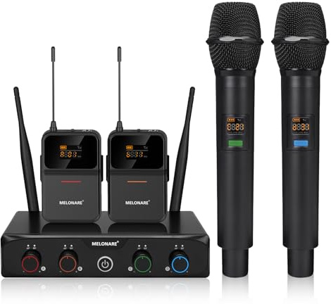 MELONARE 4-Channel Wireless Microphone System,UHF Cordless Mic Set w/ 4x10 Frequencies, 200ft, 2 Handheld Dynamic Mics, 2 Bodypacks & Headset/Lapel Microphones for Singing, Karaoke, DJ (MWM-41-2H2B)