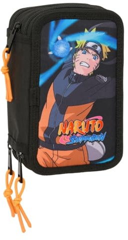 safta Naruto - Trousse Scolaire avec 37 Outils Inclus, Trousse pour Enfant, idéale pour Les Enfants de 5 à 14 Ans, Confortable et Polyvalente, qualité et résistance, 12,5 x 5,5 x 19,5 cm, Noir, M,